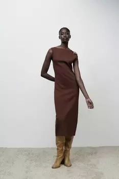 Вязаное миди-платье с золотой аппликацией ZARA, коричневый