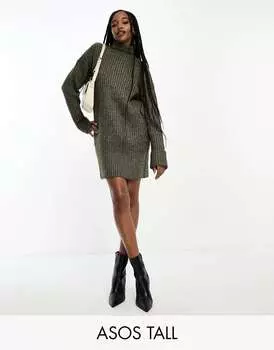 Вязаное мини-платье цвета хаки с высоким воротником и высоким воротником ASOS DESIGN Tall