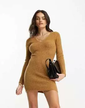 Вязаное мини-платье Mango с v-образным вырезом светло-коричневого цвета