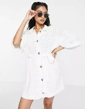 Вязаное мини-платье-рубашка цвета слоновой кости с поясом ASOS DESIGN