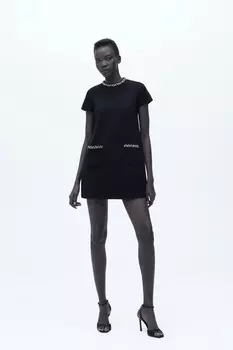 Вязаное мини-платье с бусинами из страз ZARA, черный