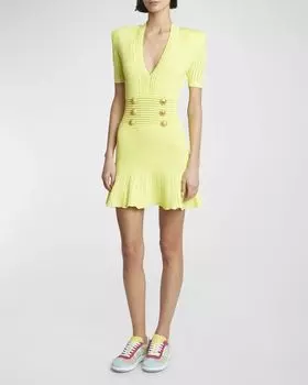 Вязаное мини-платье с деталями на пуговицах Balmain, цвет Yellow Multi