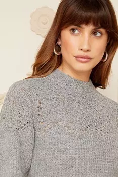 Вязаное мини-платье с высоким вырезом и кокеткой из ткани пуантель Love & Roses, серый