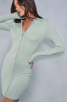 Вязаное мини-платье в рубчик на молнии MISSPAP, хаки