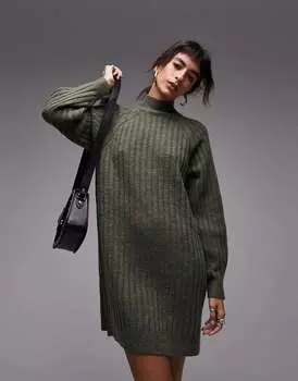 Вязаное мини-платье в рубчик с высоким воротником и широким ребром Topshop цвета хаки