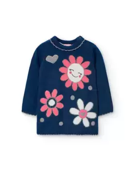 Вязаное платье для девочки с цветочным принтом Boboli, темно-синий