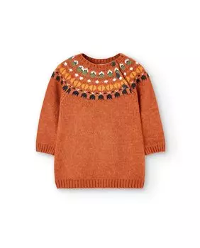 Вязаное платье для девочки с геометрическим принтом и воротником на пуговицах Boboli, оранжевый