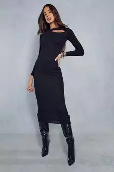 Вязаное платье макси в рубчик с вырезами MISSPAP, черный