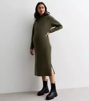 Вязаное платье миди цвета хаки для беременных с высоким воротником New Look, хаки