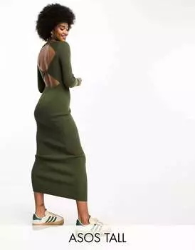 Вязаное платье миди цвета хаки с вырезом на спине ASOS DESIGN Tall