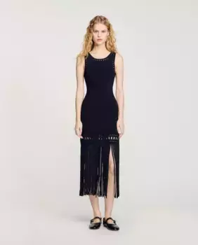 Вязаное платье с бахромой Sandro, черный