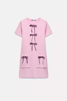 Вязаное платье с бантами ZARA, розовый