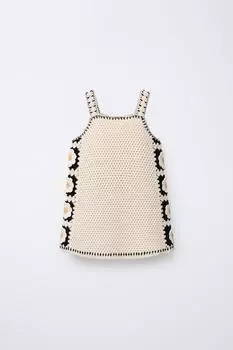 Вязаное платье с цветочным узором крючком ZARA, цвет Ecru/Black