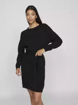 Вязаное платье Vila "VIRIL O-NECK L/S BELT KNIT DRESS - NOOS", черный