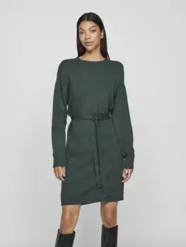 Вязаное платье Vila "VIRIL O-NECK L/S BELT KNIT DRESS - NOOS", цвет Pineneedle Detail:Dark Melange