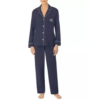 Вязаный длинный пижамный комплект с длинными рукавами и воротником-стойкой Lauren Ralph Lauren, синий