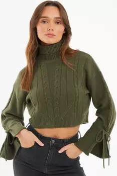 Вязаный джемпер цвета хаки со шнуровкой на рукавах QUIZ Clothing