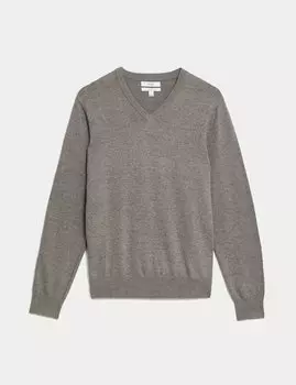 Вязаный джемпер из чистого хлопка с V-образным вырезом Marks & Spencer, серый