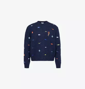 Вязаный джемпер из смеси шерсти с вышитым изображением животных Loewe, черный