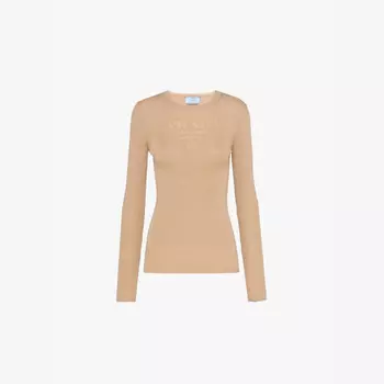 Вязаный джемпер из тонкой шерсти с круглым вырезом Prada, коричневый