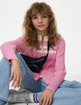 Вязаный джемпер на молнии Marks & Spencer, розовый