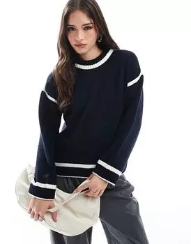 Вязаный джемпер с контрастными кремовыми швами темно-синий ASOS DESIGN