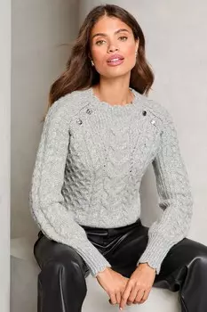Вязаный джемпер с косой отделкой и пуговицами Lipsy, серый