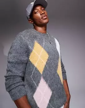 Вязаный джемпер с круглым вырезом и узором «ромбики» серого цвета ASOS DESIGN