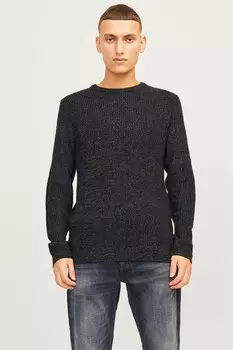 Вязаный джемпер с круглым вырезом в рубчик Jack & Jones, черный