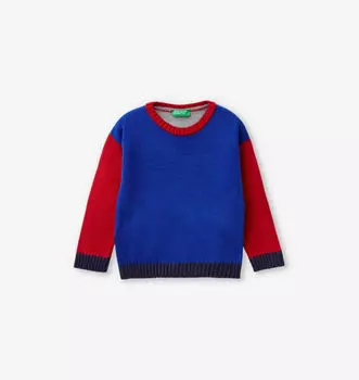 Вязаный джемпер с круглым вырезом в стиле колор-блок на возраст 6-14 лет Benetton, голубой