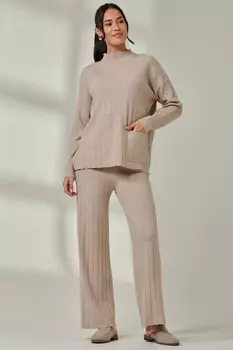 Вязаный джемпер с резинкой и воротником стойкой Jolie Moi, коричневый