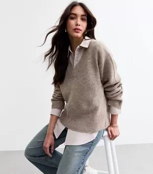 Вязаный джемпер с широким V-образным вырезом New Look, светло-коричневый