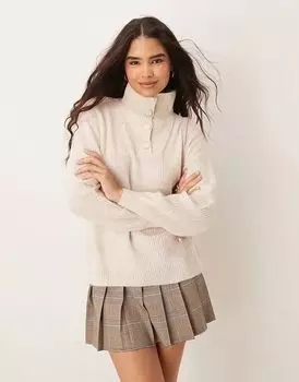 Вязаный джемпер с высоким воротом и пуговицами в каменном цвете JDY