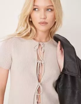 Вязаный кардиган Abercrombie & Fitch с короткими рукавами и завязкой спереди в цвете овсянки