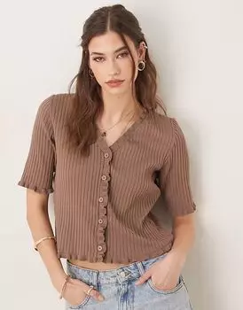 Вязаный кардиган ASOS DESIGN с оборкой по краю цвета мокко