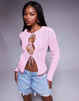 Вязаный кардиган ASOS DESIGN с завязкой спереди и красной окантовкой в розовом цвете