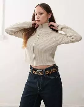 Вязаный кардиган бежевого цвета с застежкой-молнией и воротником-воронкой Noisy May