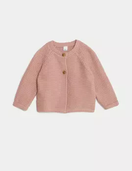 Вязаный кардиган из чистого хлопка (0–1 год) Marks & Spencer, розовый микс