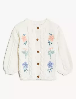 Вязаный кардиган из чистого хлопка с цветочным принтом (0–3 года) Marks & Spencer