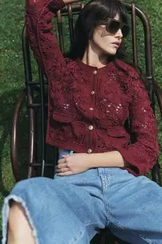 Вязаный кардиган из макраме ZARA, бордовый