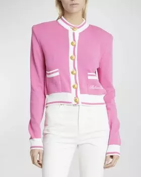 Вязаный кардиган на пуговицах с сильными плечами и фирменной отделкой Balmain, цвет Roseblanc