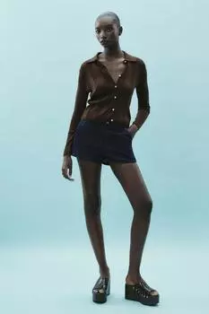 Вязаный кардиган поло в рубчик ZARA, темно-коричневый