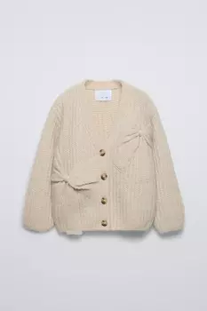 Вязаный кардиган с бантиками ZARA, кэмел