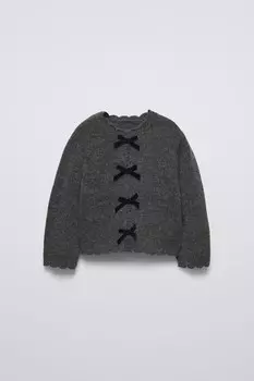 Вязаный кардиган с бантом ZARA, средне-серый