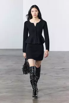 Вязаный кардиган с баской ZARA, черный