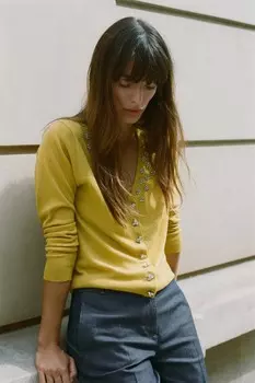 Вязаный кардиган с бисером и стразами ZARA, оливково-зеленый