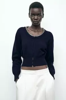 Вязаный кардиган с бисером ZARA, темно-синий