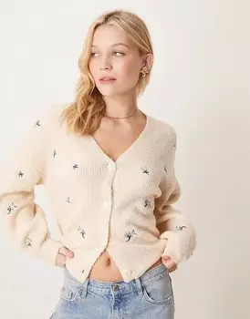Вязаный кардиган с цветочной вышивкой цвета березы YAS