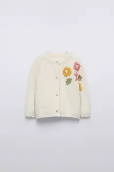 Вязаный кардиган с цветочной вышивкой ZARA, экрю