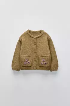 Вязаный кардиган с цветочной вышивкой ZARA, хаки
